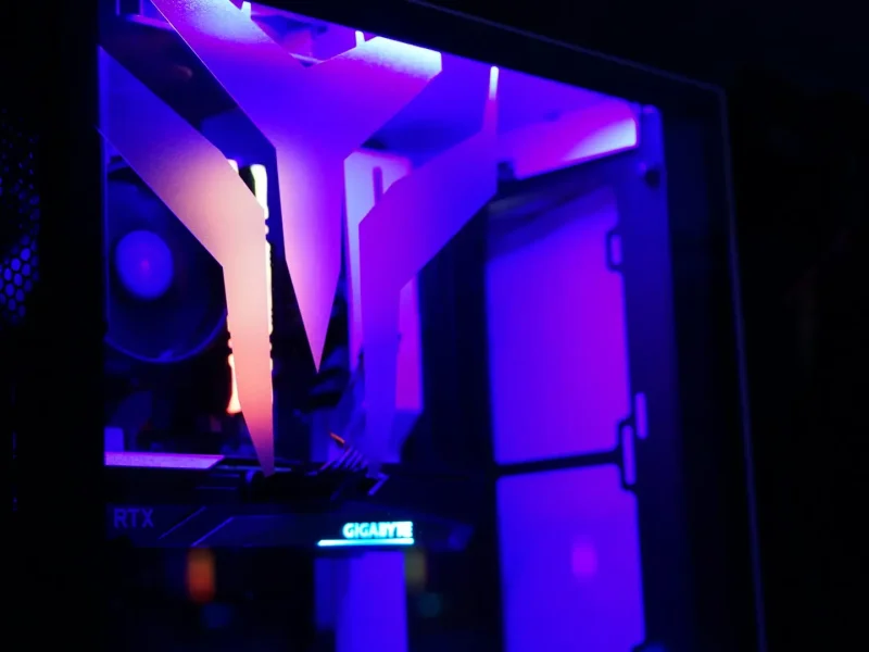 Close-up of a high-performance custom Yoyotech gaming PC with RGB lighting, built for a reliable and secure esports arena infrastructure.